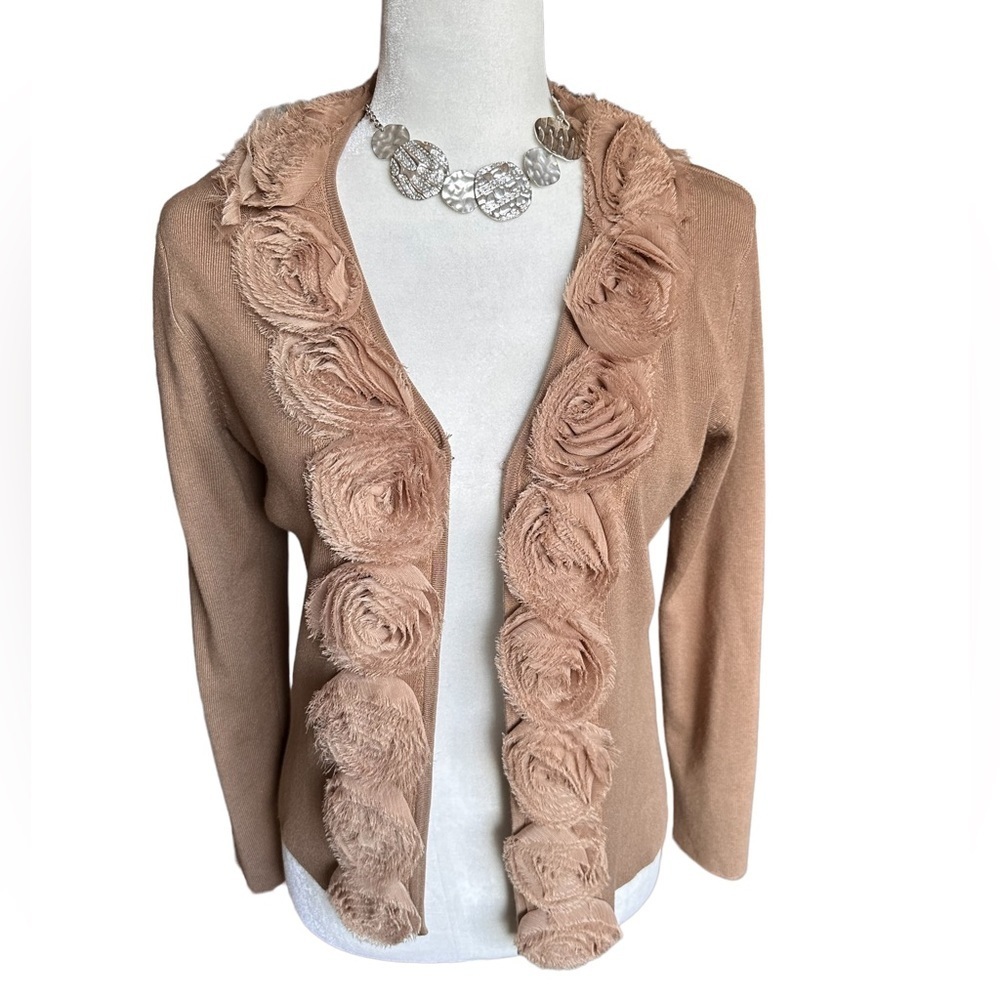 Red Floral 3-D Appliqué Cardigan Sweater